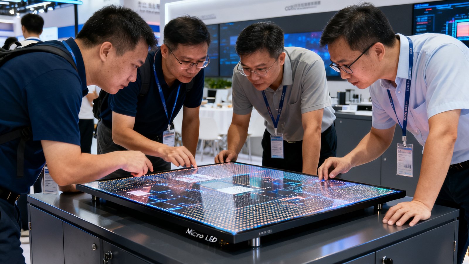 2024深圳国际LED展OB视讯展位，展示了最新的COB封装Micro LED样屏，参观者正在近距离观察屏幕细节